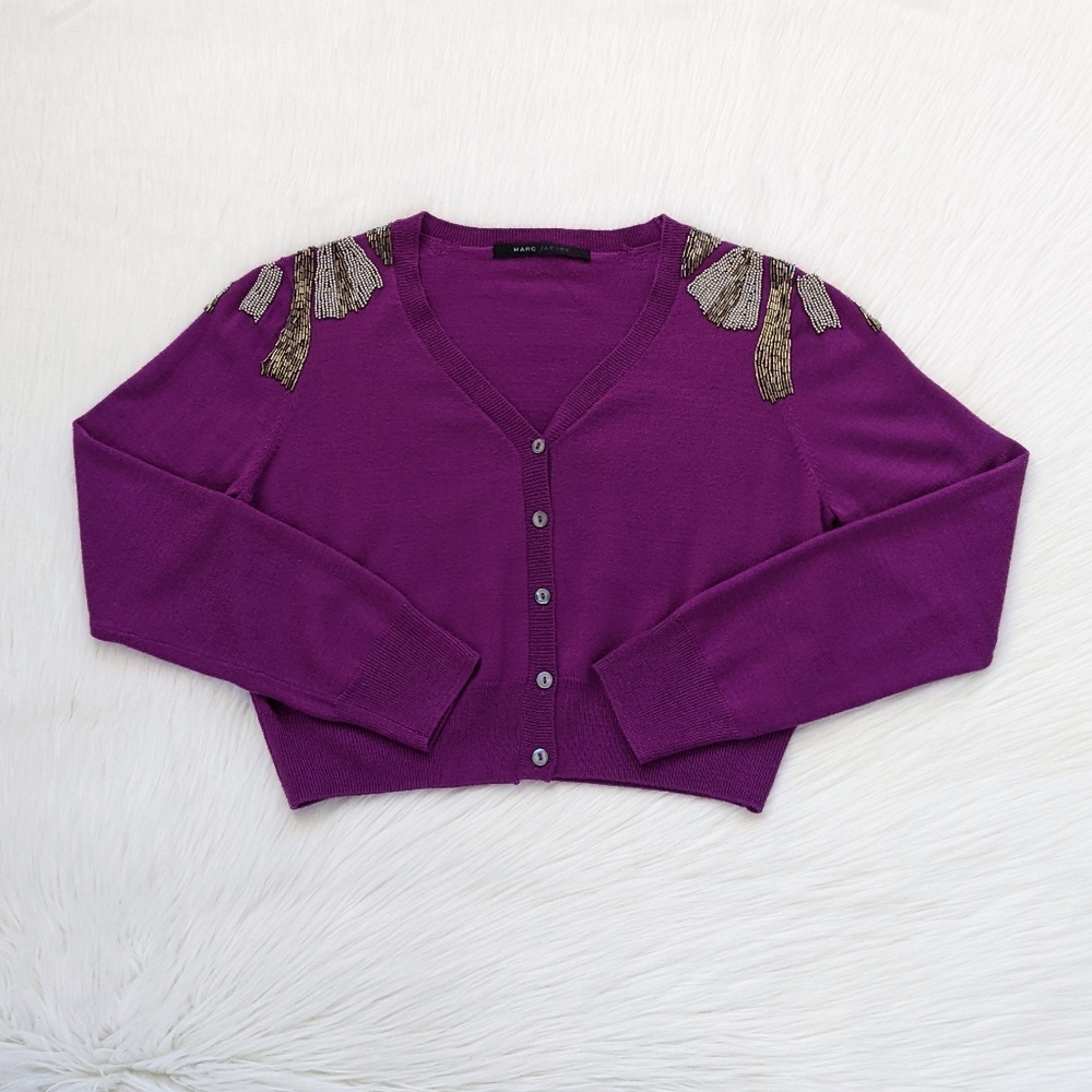 Marc Jacobs Y2K Beaded Fuchsia Wool Blend Cropped Cardigan Sweater | Size S/M* - Picture 5 of 13